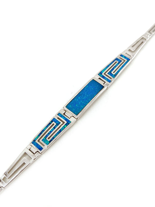 Greek Key Blue Opal Silver Bracelet With Gradual Design And Adjustable Length.