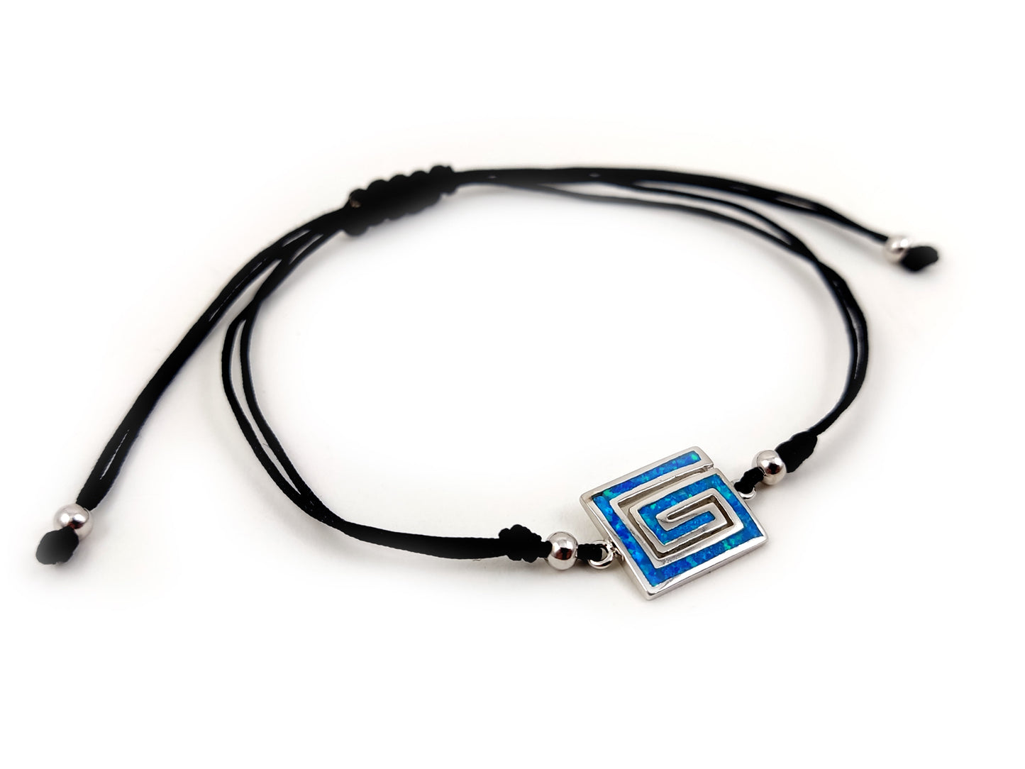 Greek blue opal silver cord macrame bracelet .