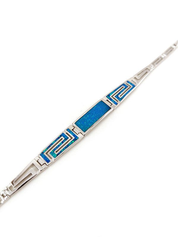 Greek Key Blue Opal Gradual Silver Bracelet