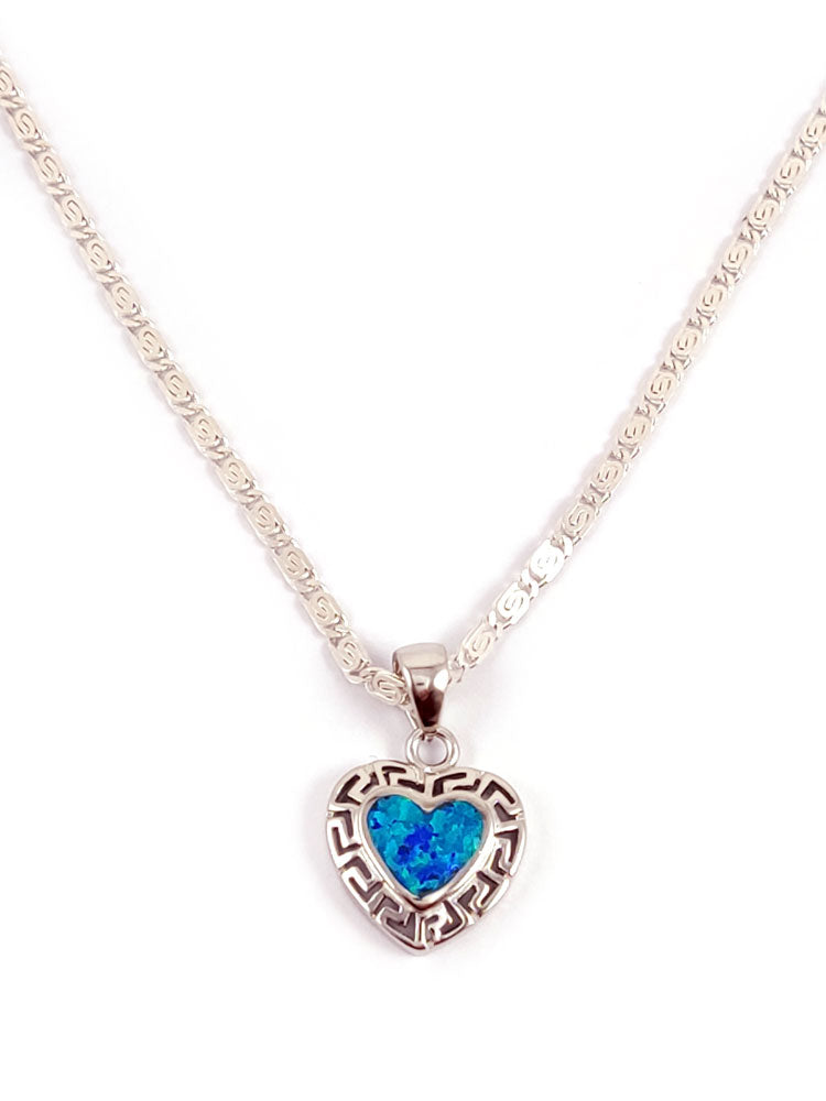 Greek Key Blue Opal Silver Heart Pendant Necklace 15mm