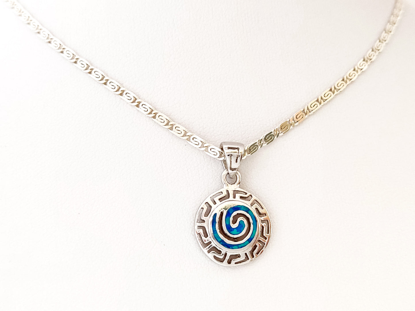 Greek Silver Necklace With Blue Opal Spiral Pendant