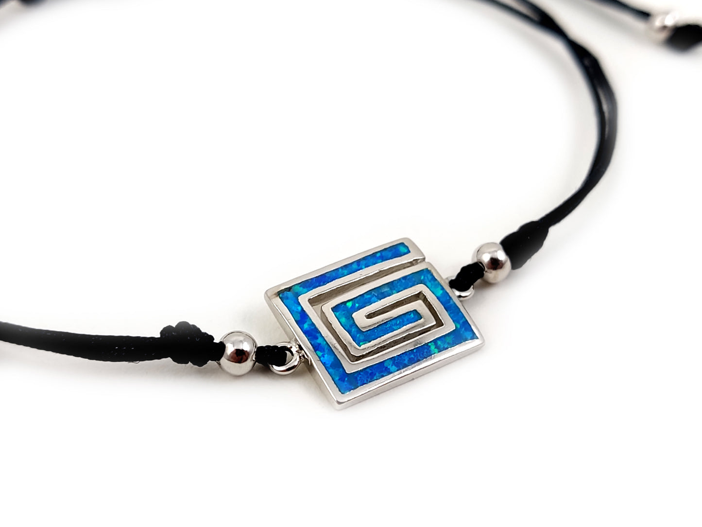 Greek Key Silver Blue Opal Cord Macrame Bracelet 12x10mm
