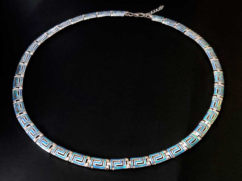 Greek Key Blue Opal Curved Silver Necklace