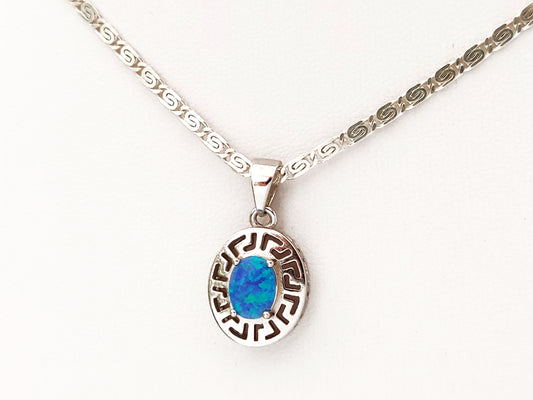 Greek key oval shape silver pendant measuring  15x13mm with Greek silver infinity design chain measuring 2mm.