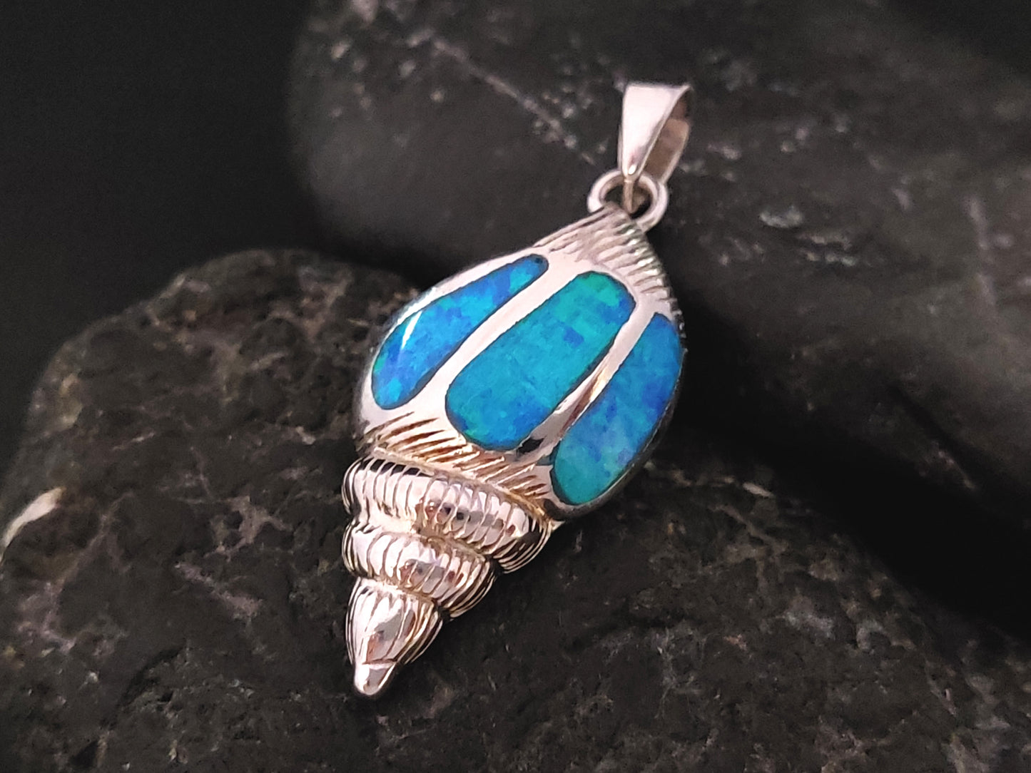 Sterling Silver 925 Seashell Pendant with Vibrant Blue Opal Stones, Handcrafted Greek Jewelry, 25 x 14 mm Pendant Size