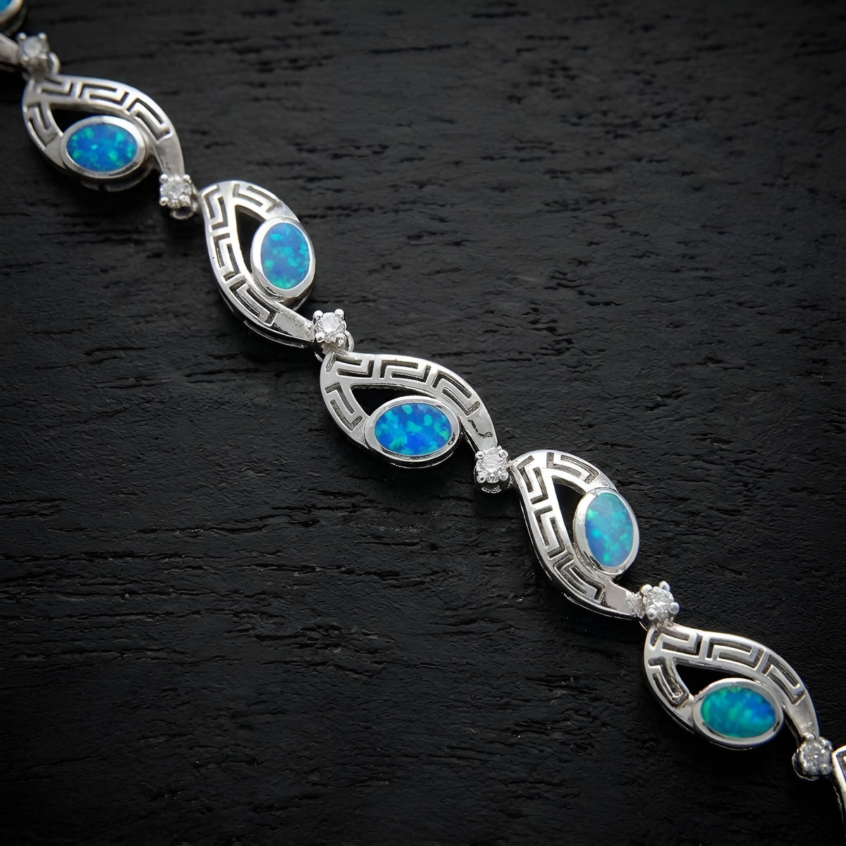 Sterling silver 925 Greek key meander bracelet with blue opal and clear cubic zirconia