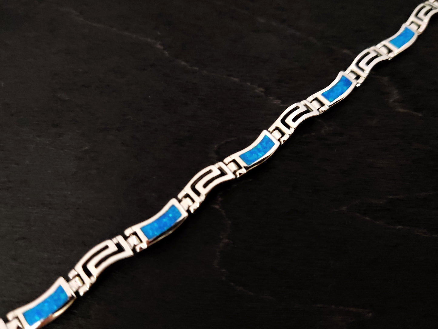 Greek Blue Opal Silver Wave Bracelet 3mm