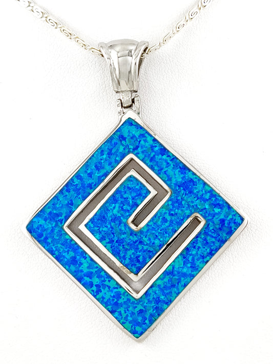 Big Greek silver square pendant with blue opal stones with optional silver chain from Greece.