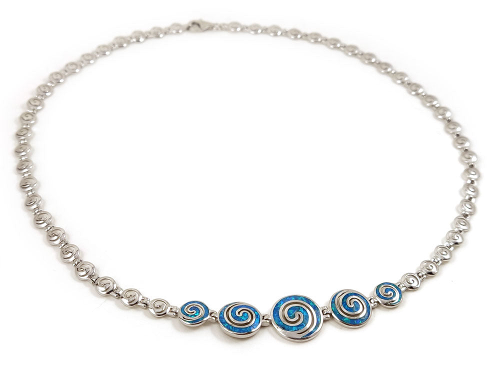 Sterling Silver 925 necklace with Blue Opal and Greek Spiral Infinity design, adjustable length, made in Greece.