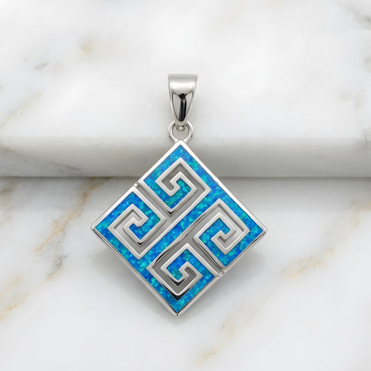 Sterling Silver 925 blue opal Greek Key pendant made in Greece