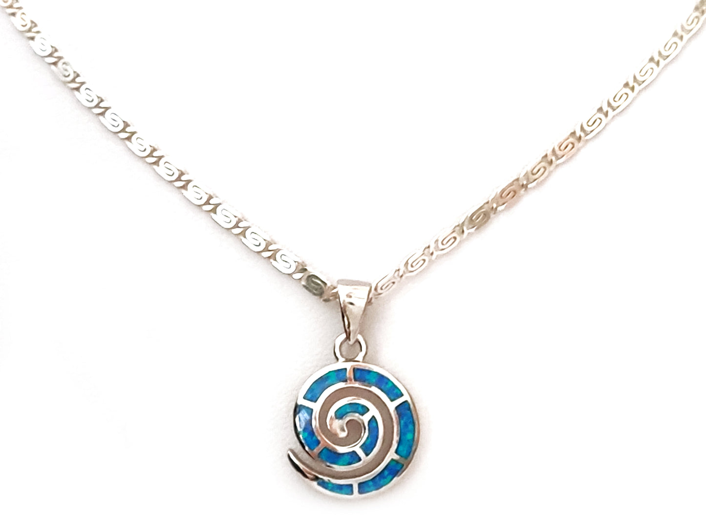 Greek silver chain necklace with a Greek spiral silver pendant and blue opal stones. The chain has the ancient Greek infinity design and measures 2mm, part of our Greek silver jewelry collection.