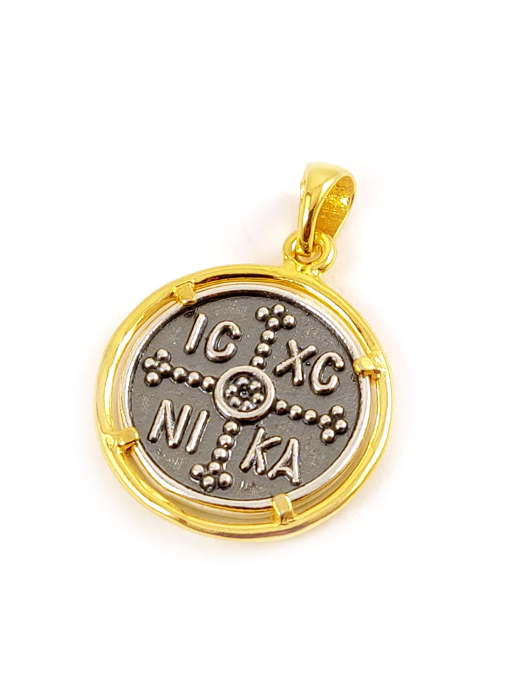 Gold Plated Sterling Silver pendant featuring Byzantine Cross Coin 'Konstantinato', 23mm diameter, brand new, made in Greece