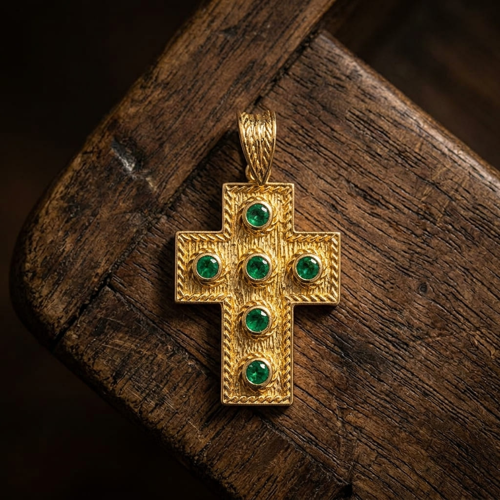 Gold cross pendant with green gemstones on a wooden surface