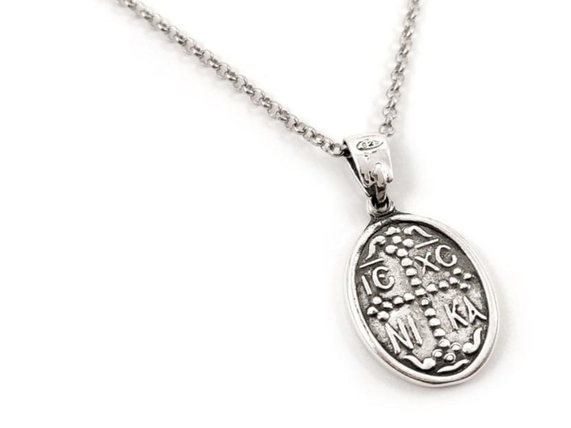 Sterling Silver 925 Greek Byzantine Konstantinato Pendant, 19 x 15 mm, with a 2 mm chain.