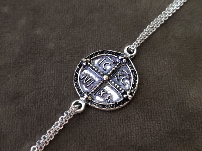 Handcrafted Greek Byzantine Konstantinato Coin Silver Chain Bracelet featuring a 20mm coin.