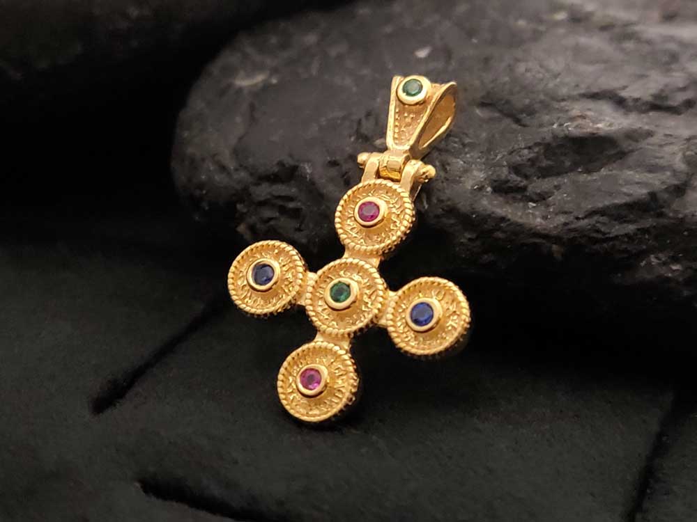 "Elegant Greek Byzantine cross necklace, crafted in Sterling Silver 925 with multicolor cubic zirconia, showcased with free worldwide shipping."






