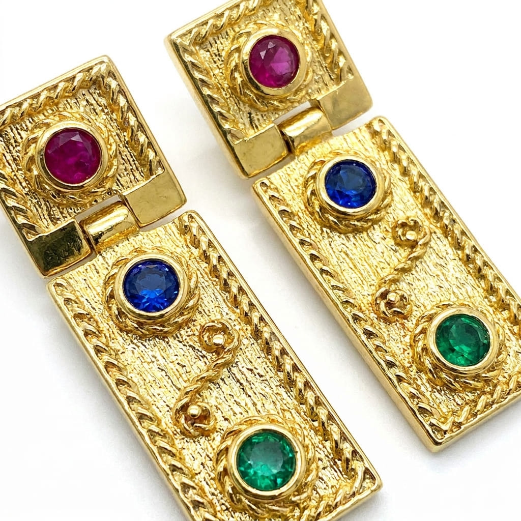 Handmade Greek Byzantine earrings with purple green and blue CZ stones