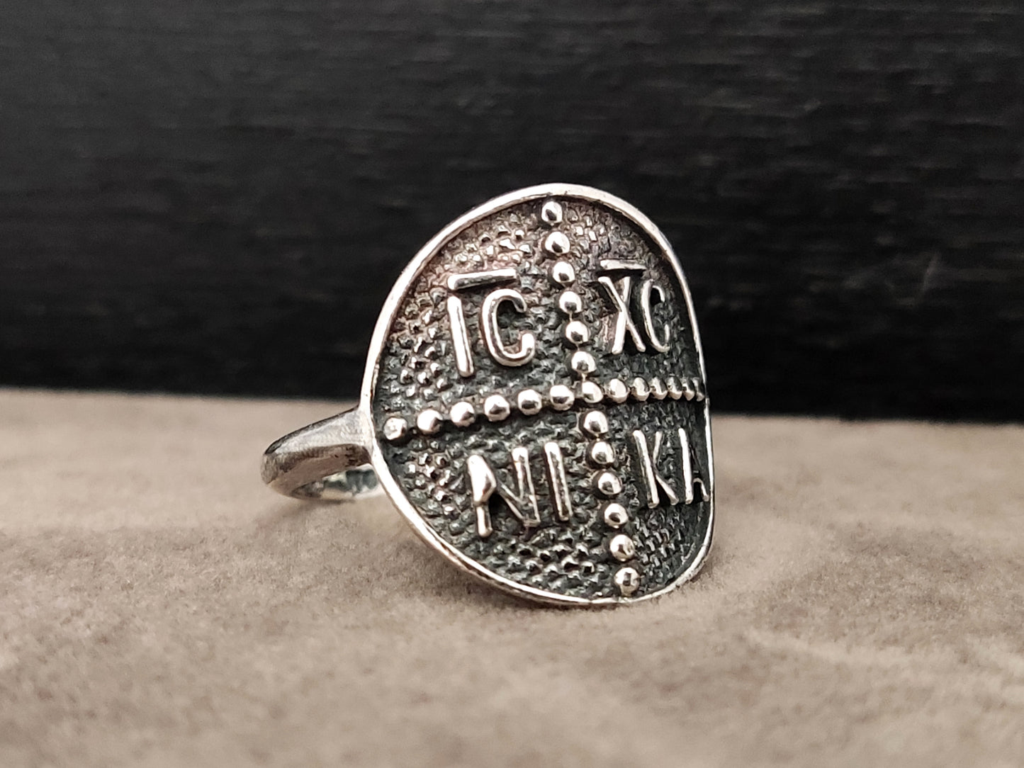 Greek silver ring with the sign of ICXC NIKA cross. It is made of sterling silver 925 in Greece.