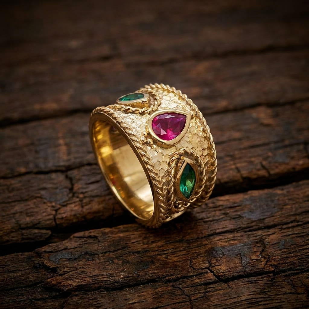 Sterling Silver 925 Byzantine Style Gold Plated Ring with Purple and Green Cubic Zirconia