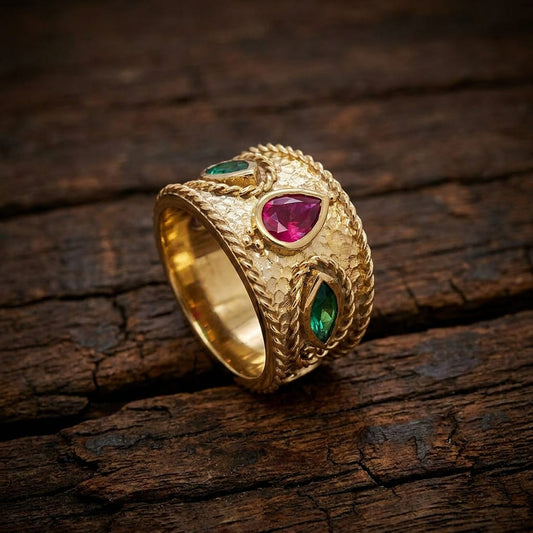Sterling Silver 925 Byzantine Style Gold Plated Ring with Purple and Green Cubic Zirconia