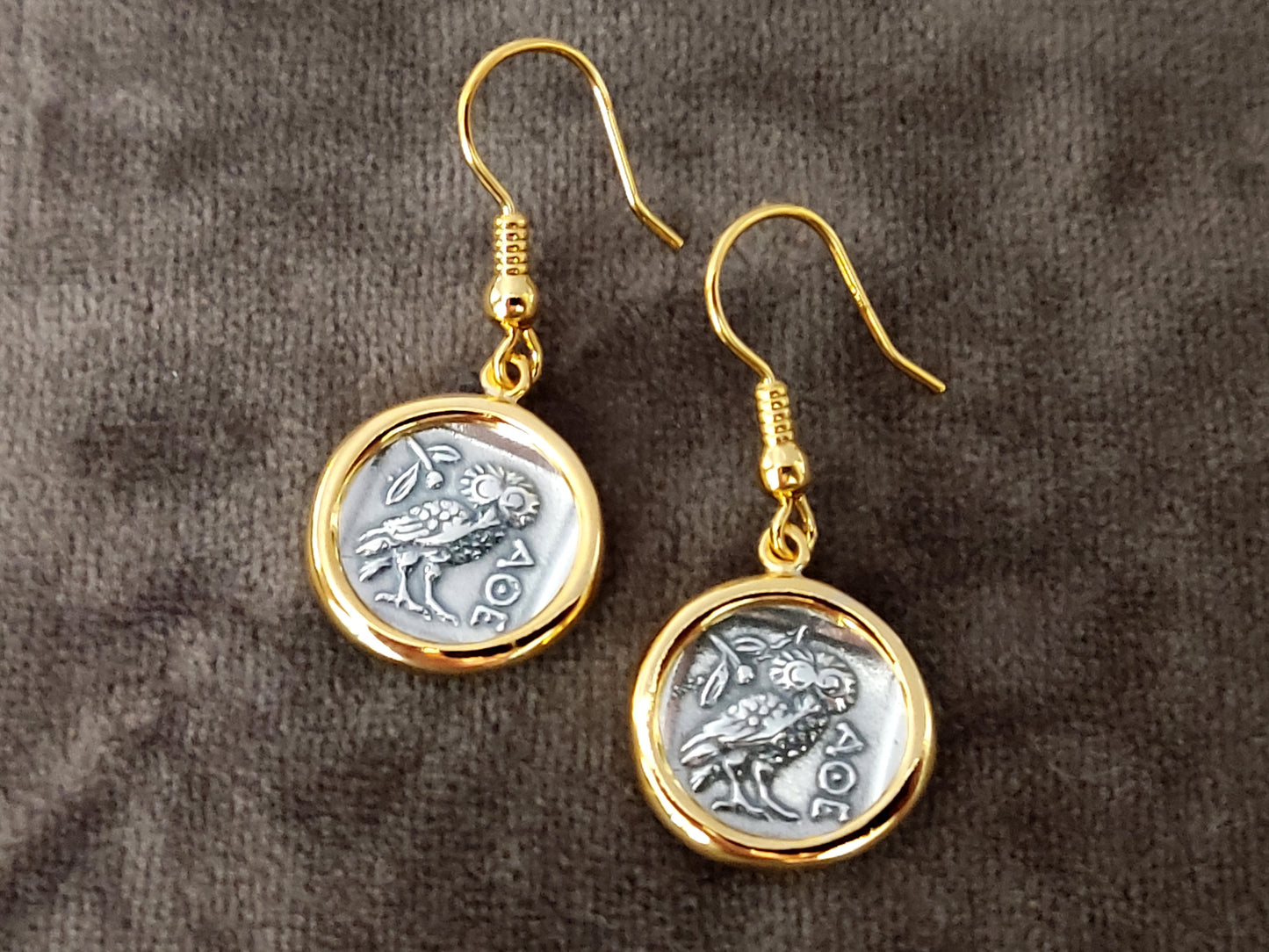 Ancient Greek Athena Owl Silver Dangle Earrings 16mm