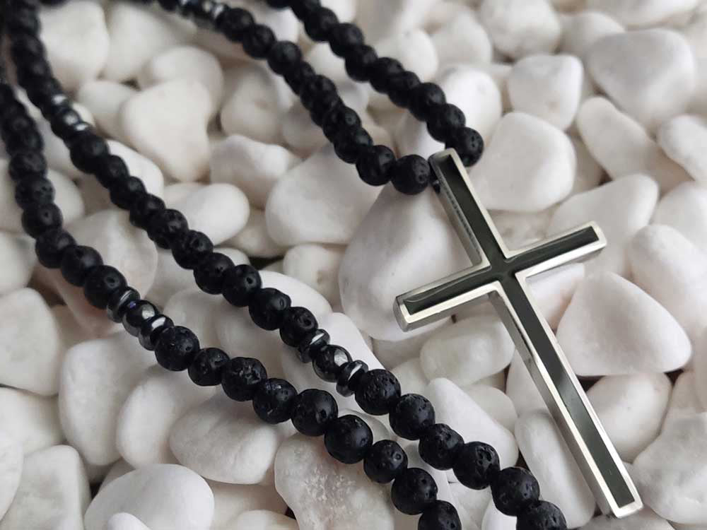 Lava Stones Stainless Steel Cross Greek Necklace Sirioti Jewelry