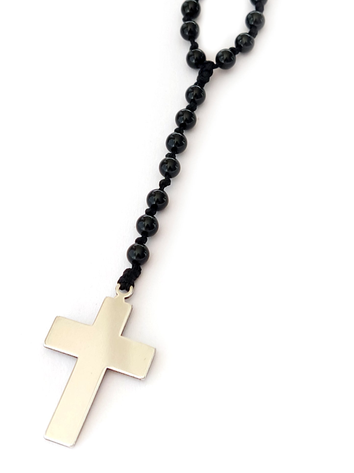 Handgefertigte Rosenkranz-Kreuz-Halskette aus schwarzem Onyx