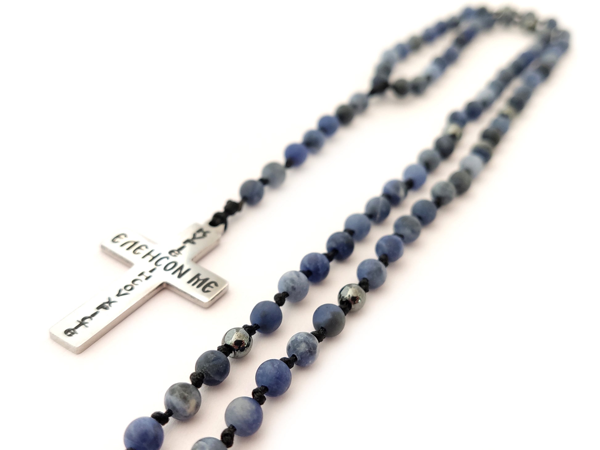 Handcrafted Greek Cross Necklace with Genuine Blue Sodalite Stones.