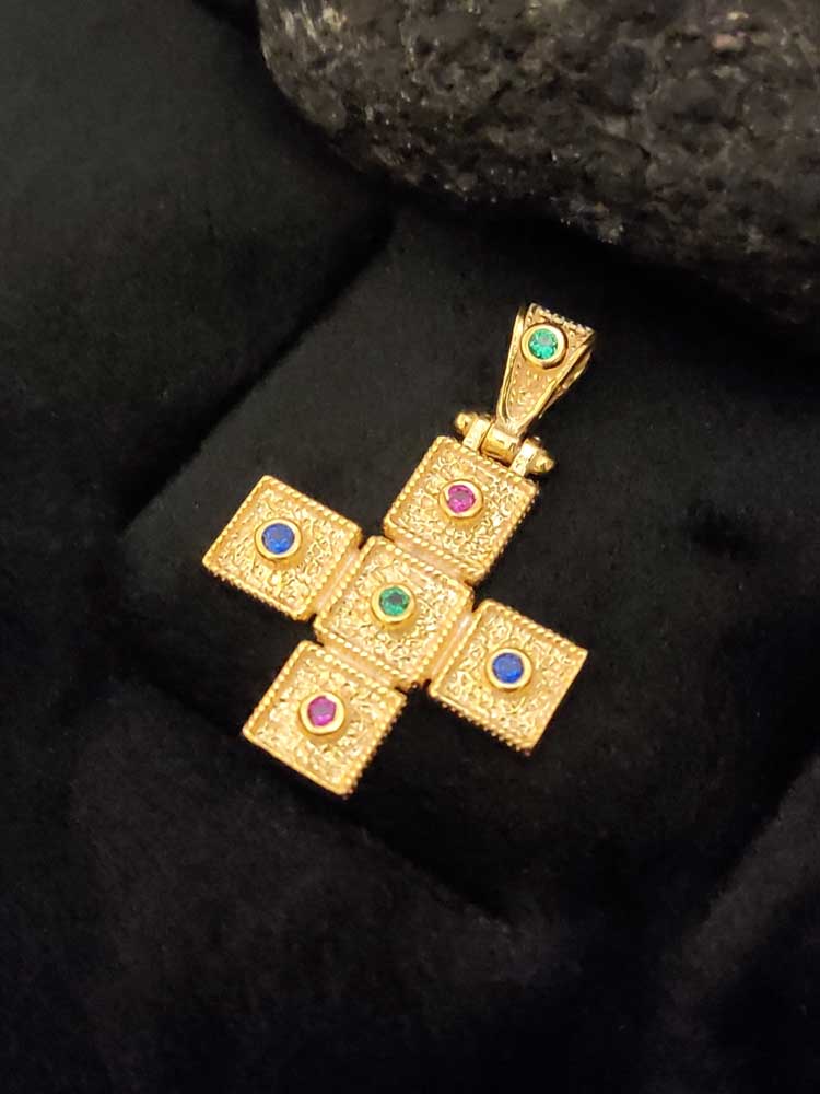 "Authentic Greek jewelry, sterling silver Byzantine cross pendant, gold-plated, hallmarked 925."
