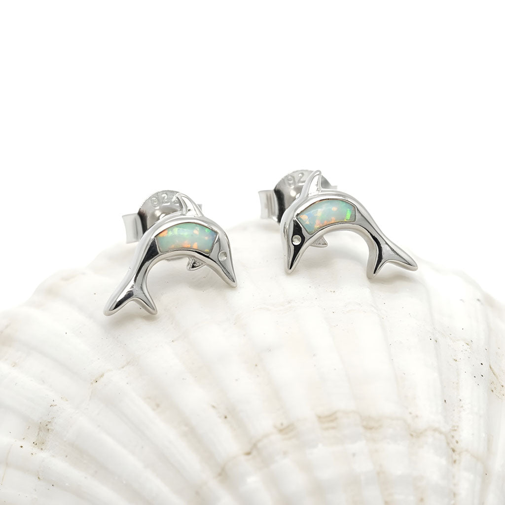 Handmade Greek opal stud earrings with sterling silver setting
