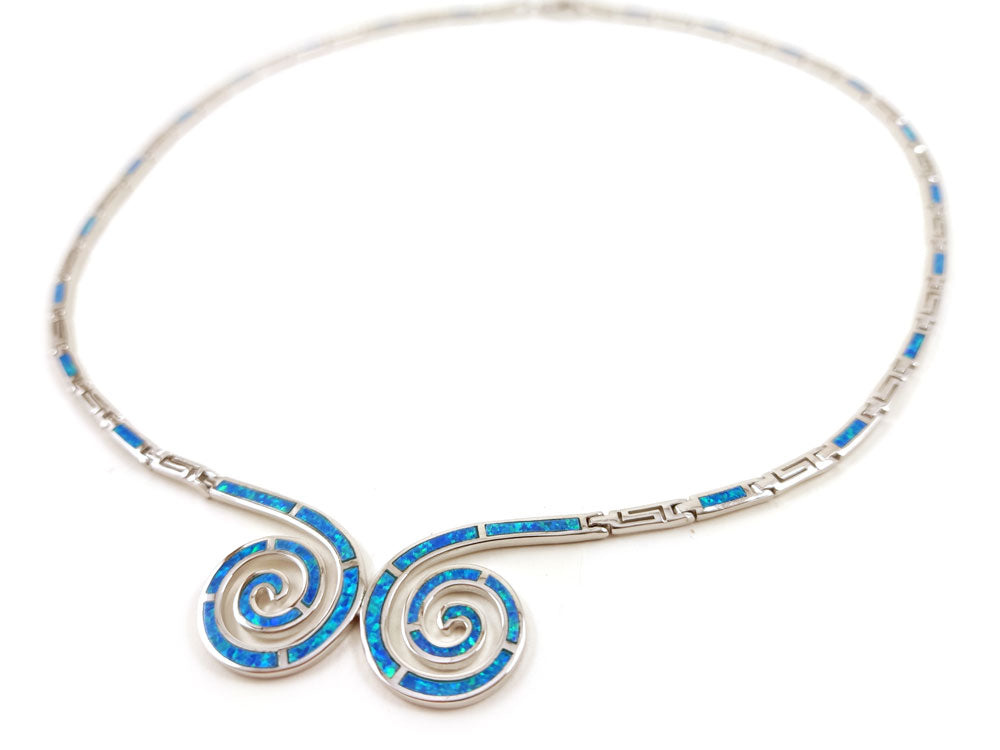 Greek Double Spiral Blue Opal Silver Necklace