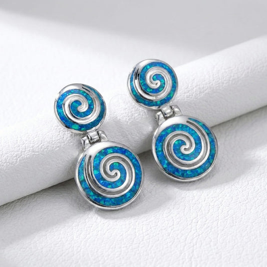 Sterling Silver 925 blue opal spiral earrings handmade in Greece