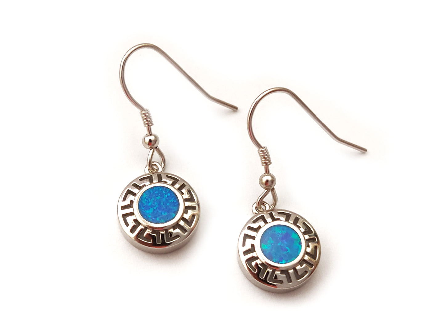 Greek Key Blue Opal Round Dangle Silver Earrings 12mm