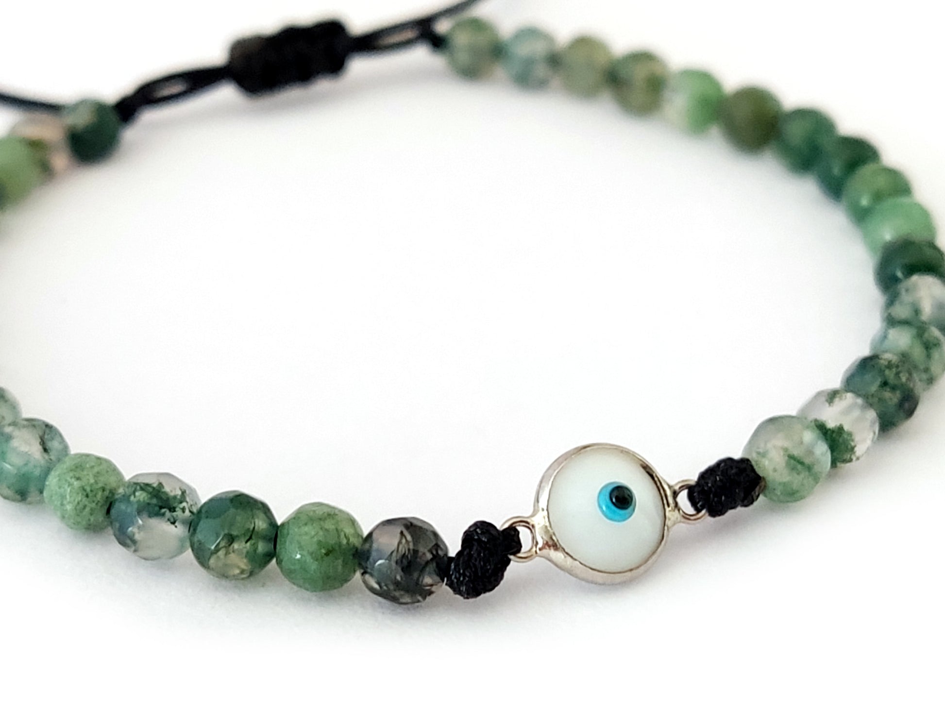 Silver 925 Evil Eye Bracelet with Natural Green Agate - Handcrafted in Greece