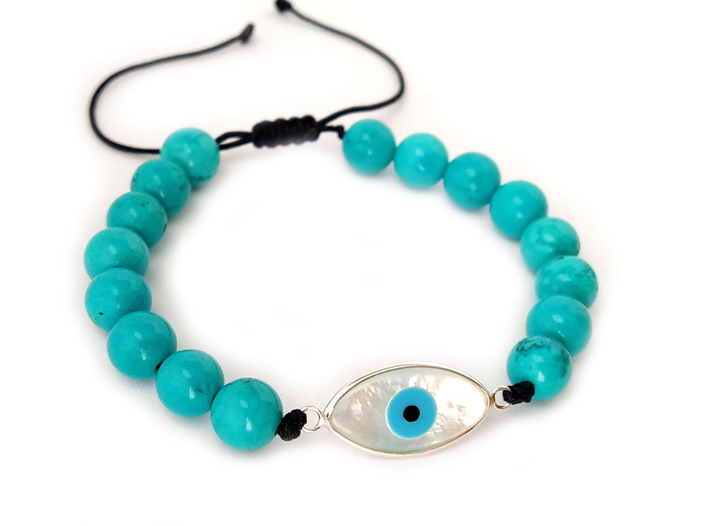 Sterling Silver 925 Evil Eye Mother Of Pearl And Natural Turquoise Stones 8mm