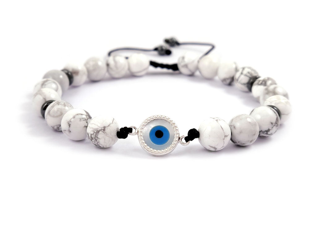 Sterling Silver 925 Evil Eye Mother Of Pearl And Natural White Howlite Stones 8mm Bracelet