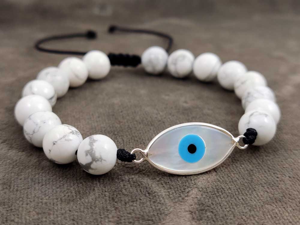 Sterling Silver 925 Evil Eye Mother Of Pearl And Natural Howlite Stones 8mm