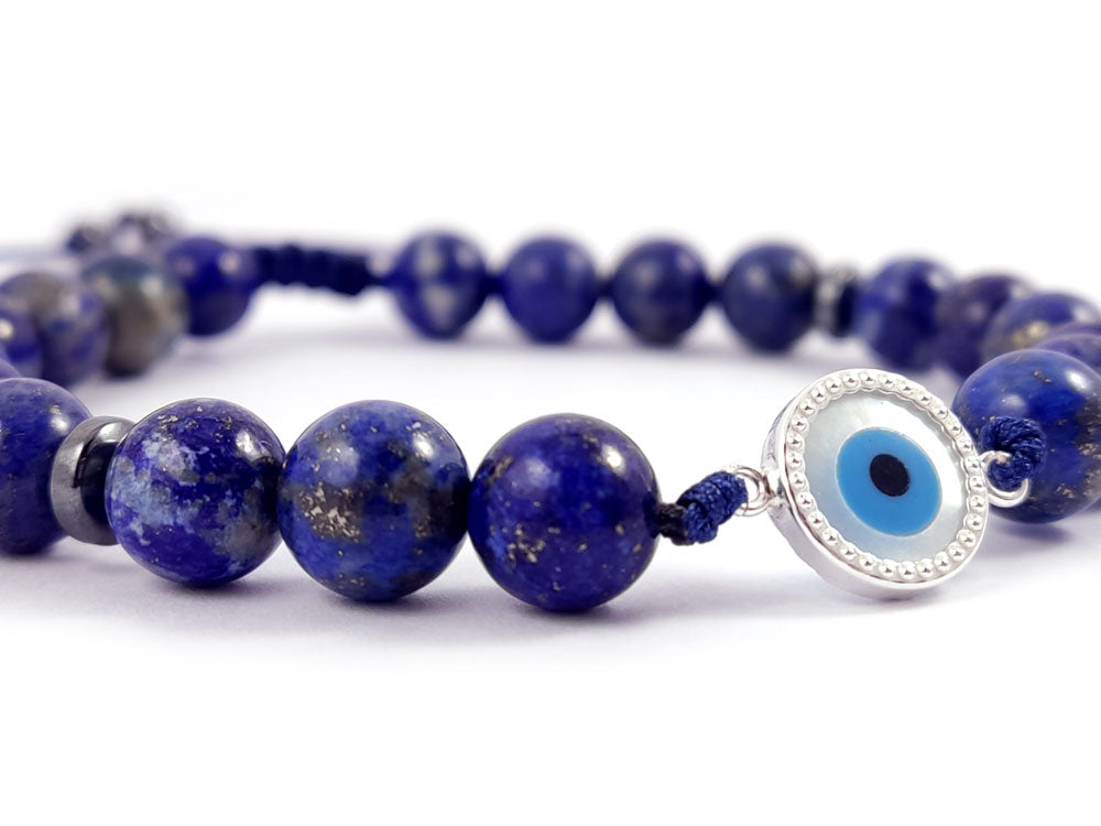 Sterling Silver 925 Evil Eye Mother Pearl - Natural Lapis Lazuli A'  Blue Stones 8mm , Silver Evil Eye Men Women Bracelet, Evil Eye Bracelet