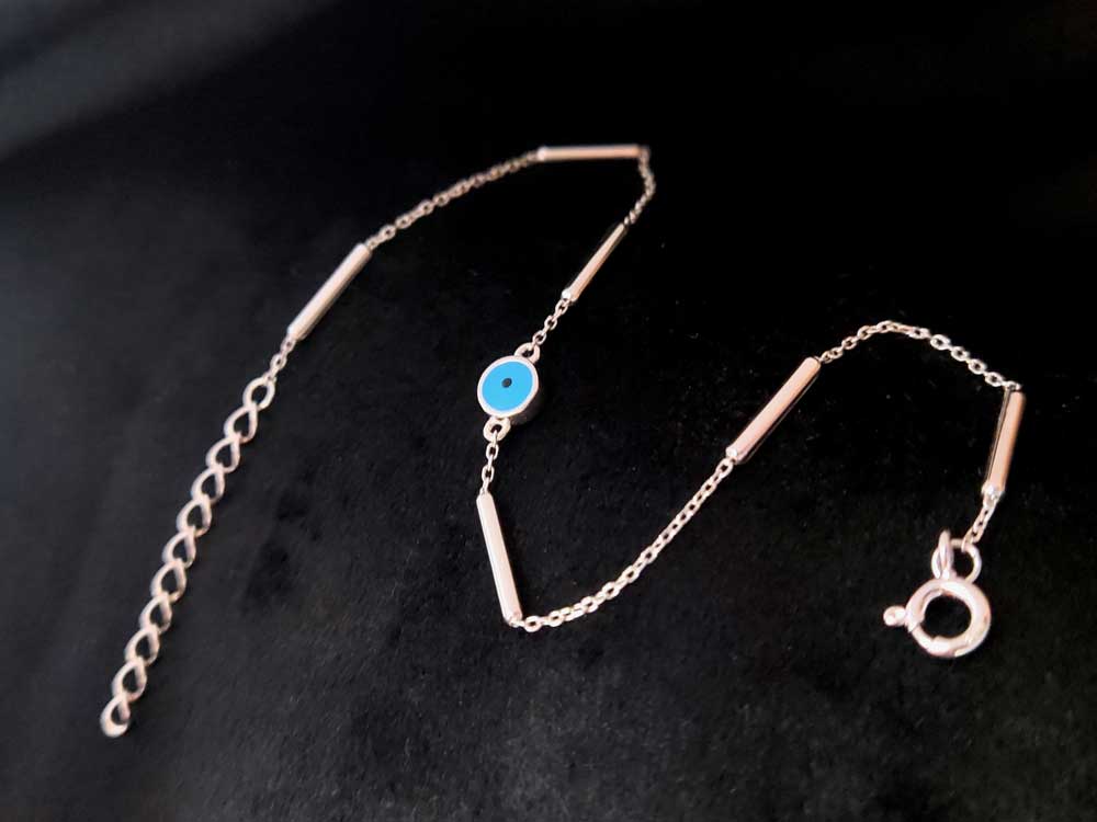 Minimalist 5 mm blue evil eye silver bracelet, hallmarked 925, made in Greece