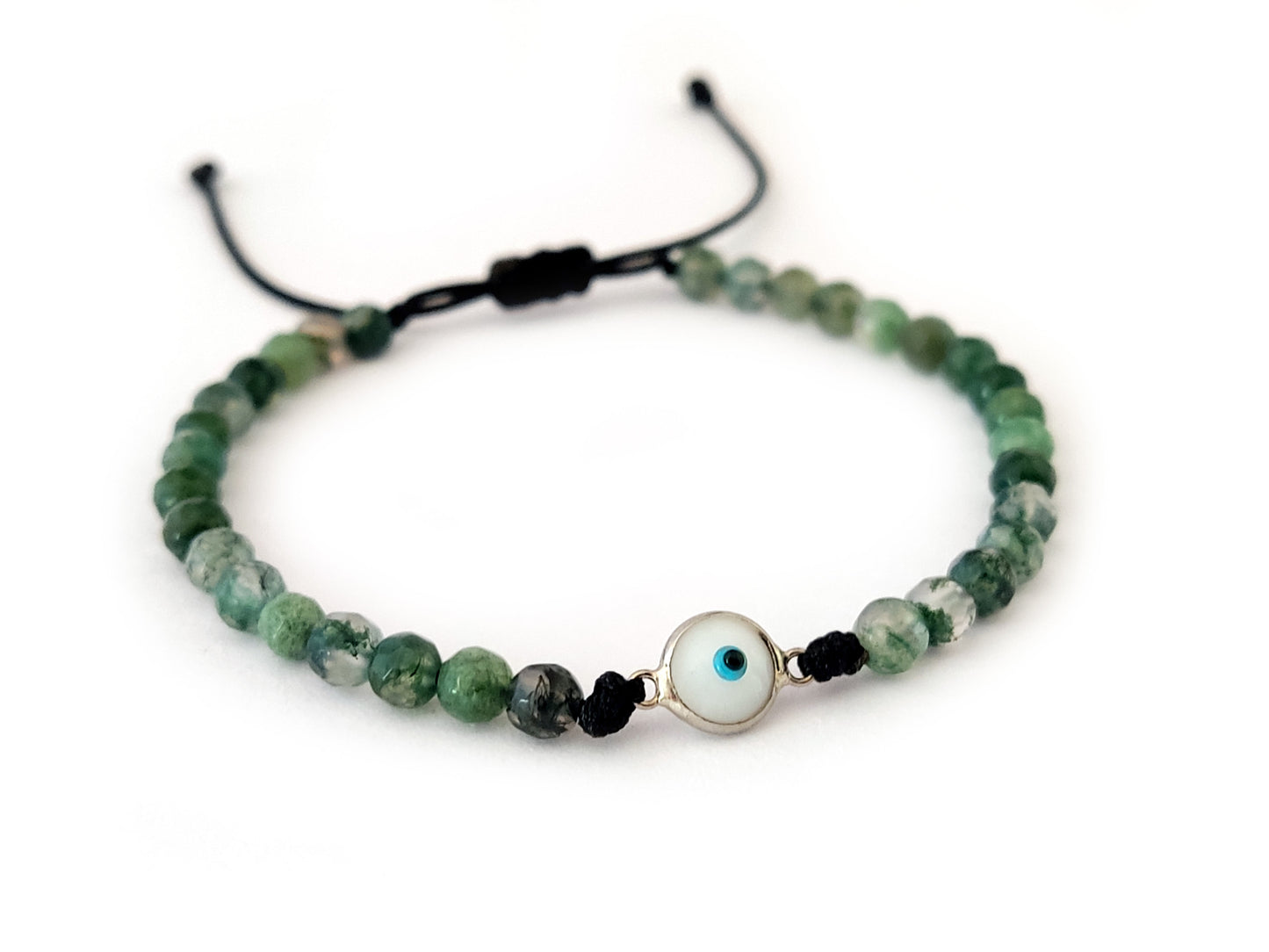 Silbernes Evil Eye-Armband mit natürlichen grünen Achatsteinen 
