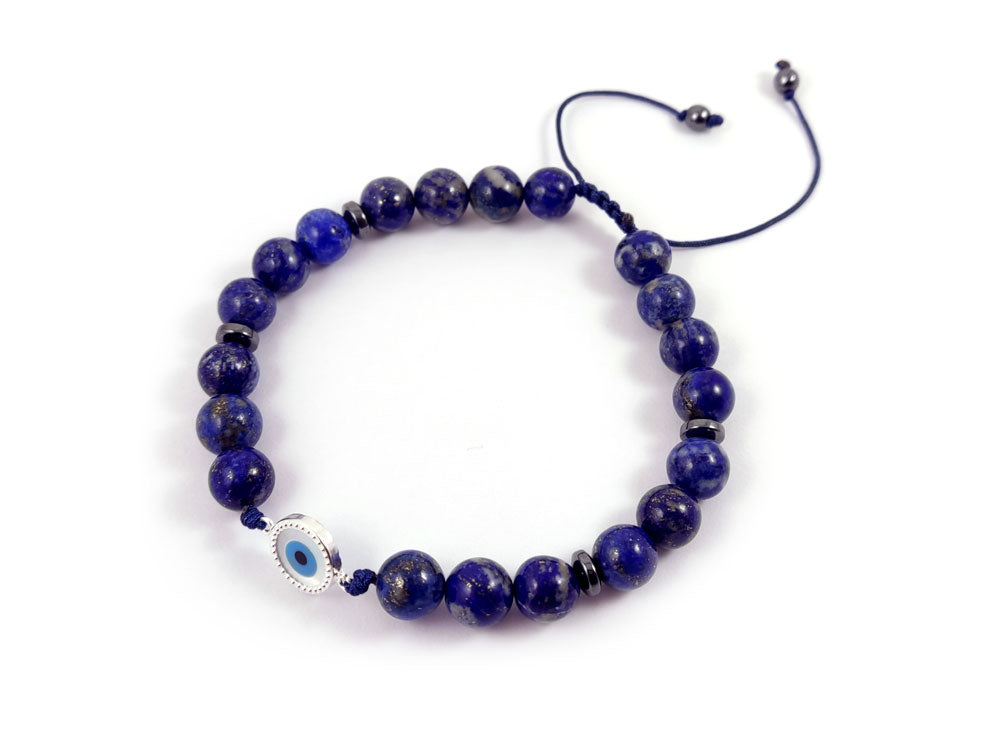 Sterling Silber 925 Evil Eye Mutterperle - natürlicher Lapislazuli A' Blue Stones 8mm, Silber Evil Eye Männer Frauen Armband, Evil Eye Armband