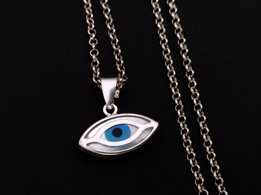 "Image: Greek Silver Evil Eye Pendant - Sterling Silver 925, Mother Of Pearl, Mati Nazar, 7x14mm, Hallmark 925, Made in Greece"