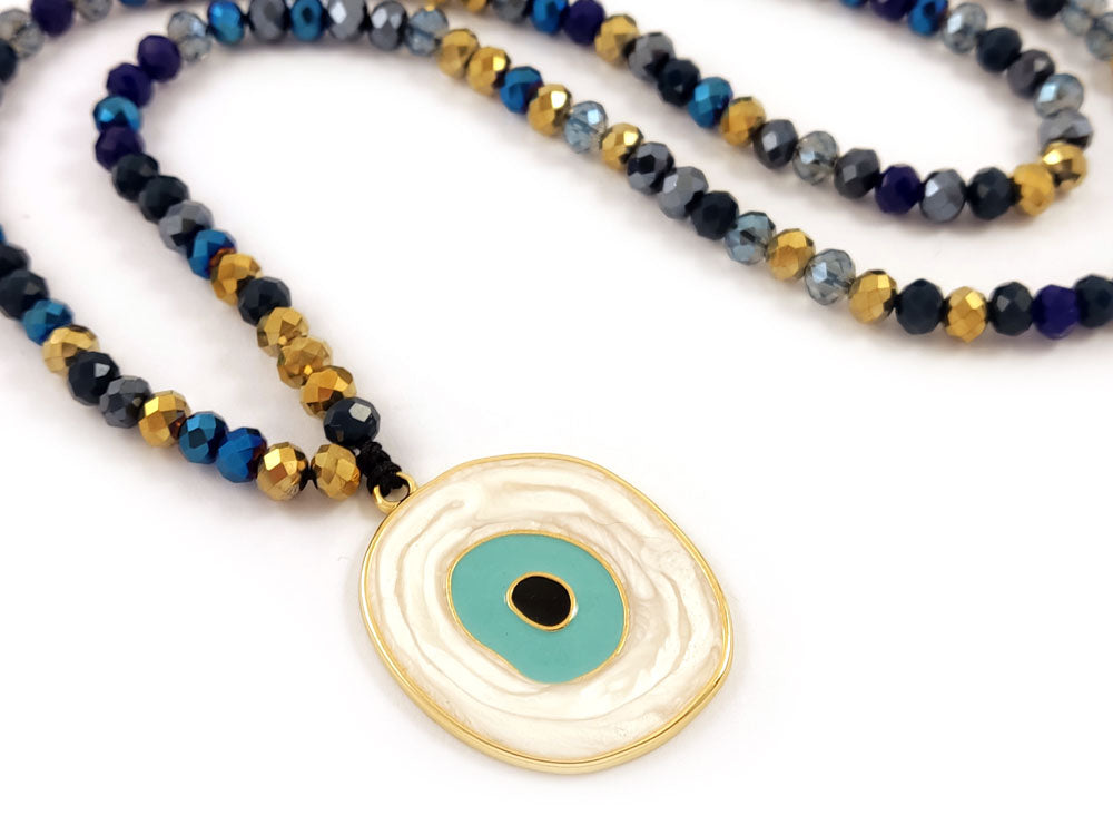 Evil Eye Necklace Dark Blue Gold Crystals 6mm