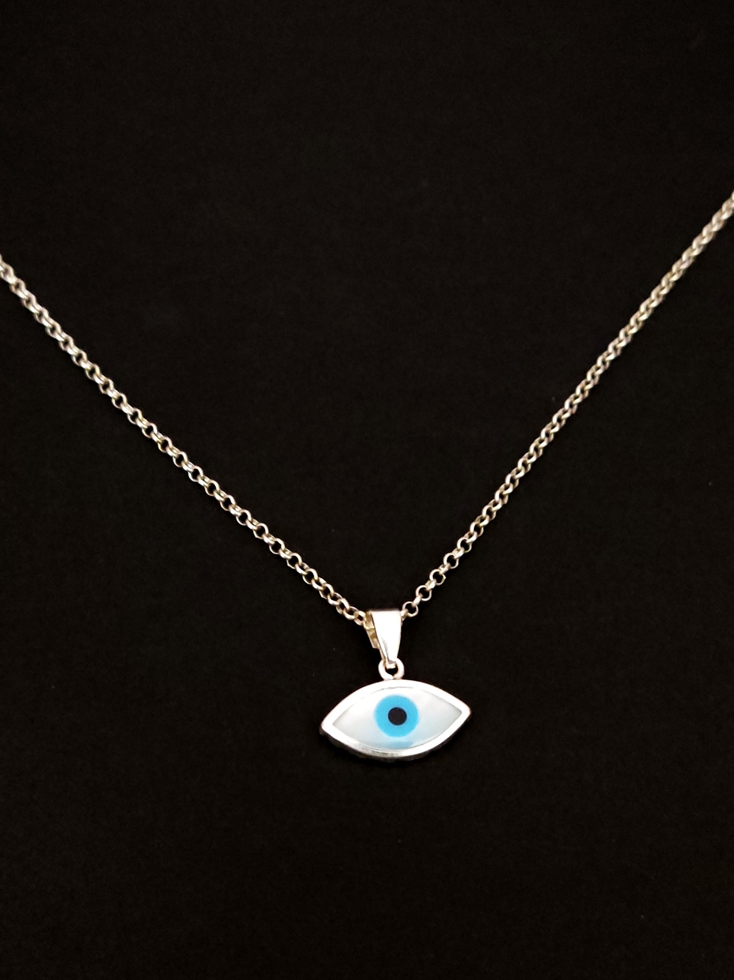 Griechische Silber-Perlmutt-Evil-Eye-Anhänger-7x14-Halskette