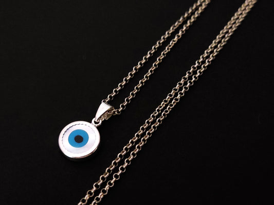 Close-up view of Greek Silver Mother Of Pearl Evil Eye 10mm Chain Pendant Necklace - Silver Evil Eye Jewelry.
