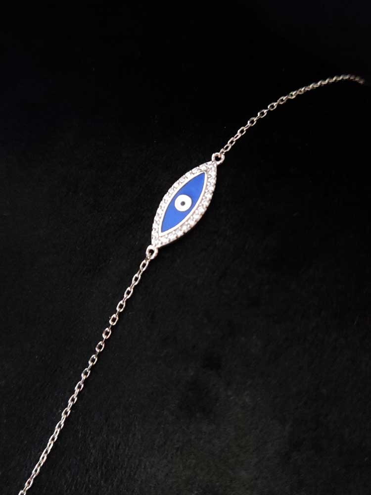Adjustable Dark Blue Enamel Evil Eye Bracelet on Wrist, Sterling Silver 925 with White Crystals