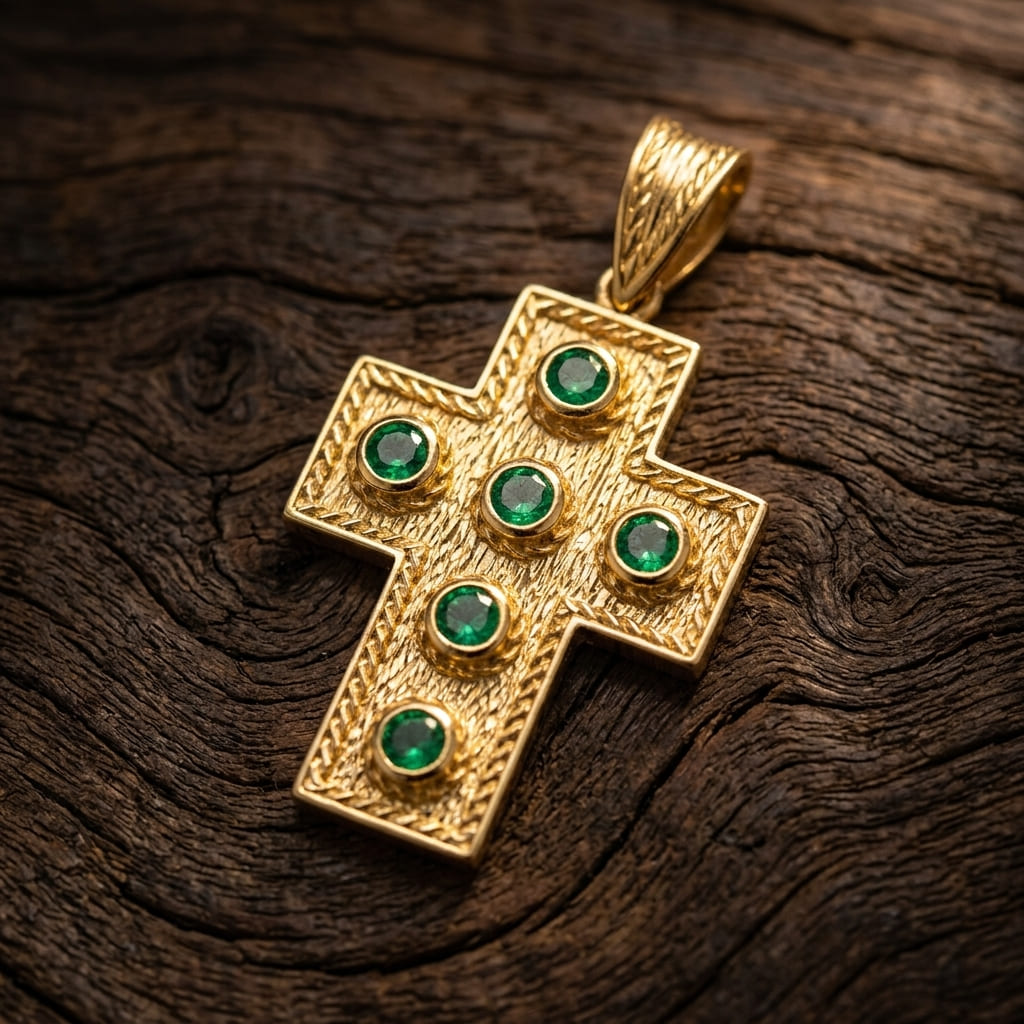 Gold cross pendant with green gemstones on a wooden surface
