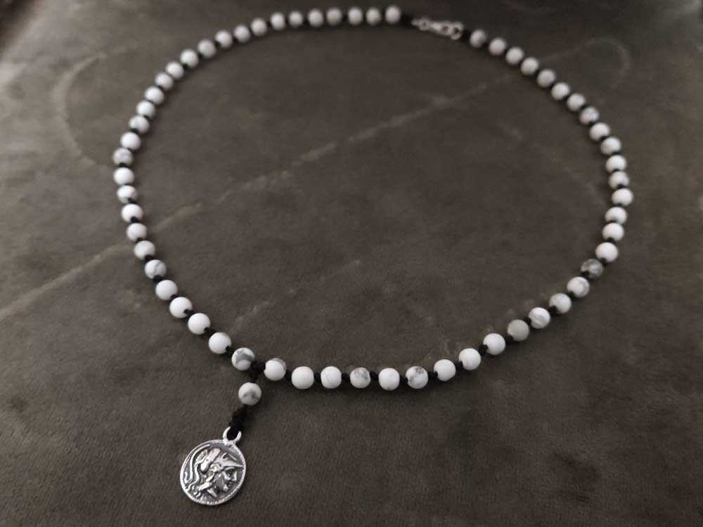 Handmade Sterling Silver 925 Goddess Athena Pendant Necklace And White Natural Howlite Stones