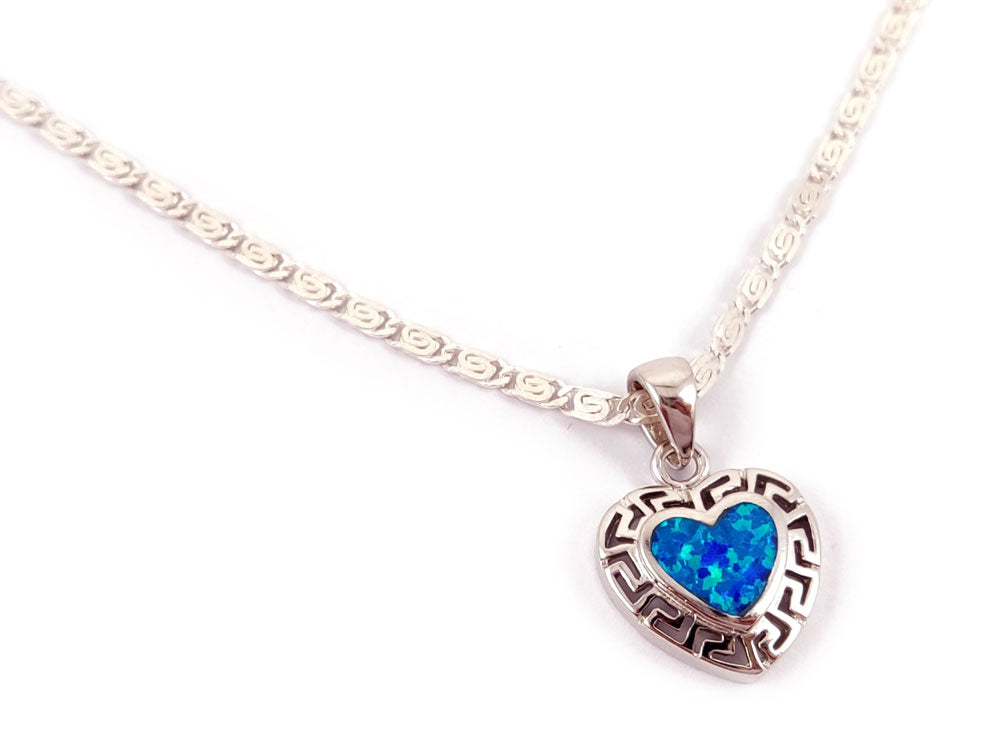 Greek Key Blue Opal Silver Heart Pendant Necklace 15mm