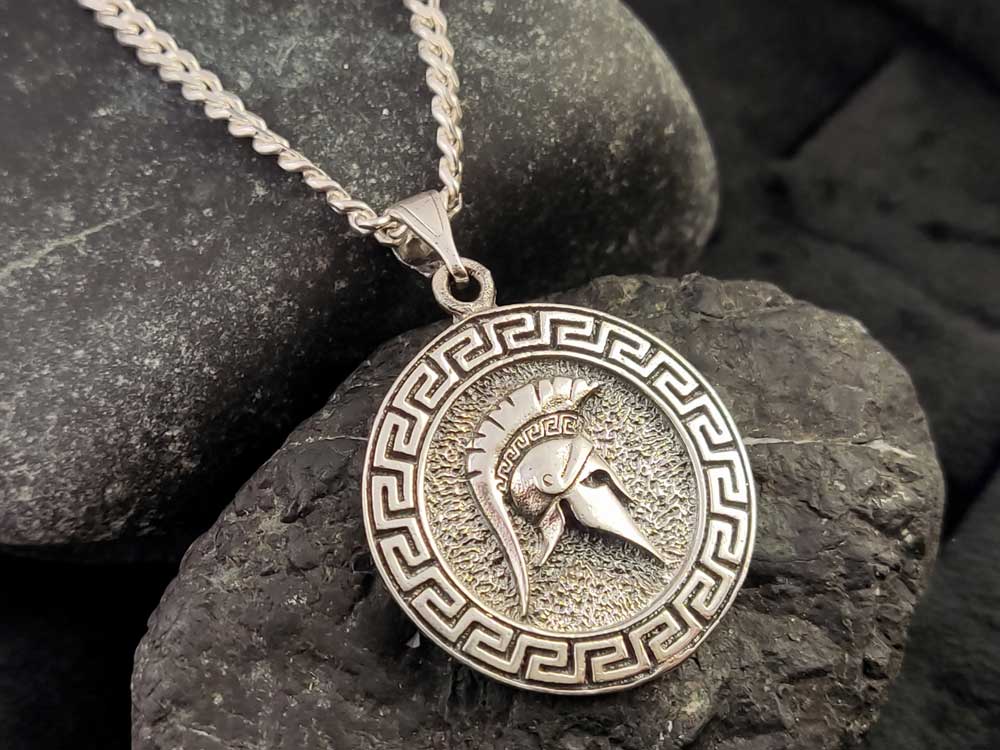 Greek Key Warrior Helmet Silver Gourmet Chain Pendant Necklace 25mm